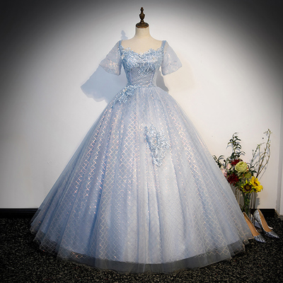 Blue tulle lace long prom dress, shiny a-line short sleeve evening dress - Thumbnail 1
