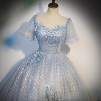 Blue Tulle Lace Long Prom Dress, Shiny A-Line Short Sleeve Evening Dress - Thumbnail 1