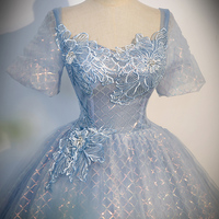 Blue Tulle Lace Long Prom Dress, Shiny A-Line Short Sleeve Evening Dress - Thumbnail 2