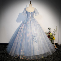 Blue Tulle Lace Long Prom Dress, Shiny A-Line Short Sleeve Evening Dress - Thumbnail 5