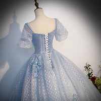 Blue Tulle Lace Long Prom Dress, Shiny A-Line Short Sleeve Evening Dress - Thumbnail 4