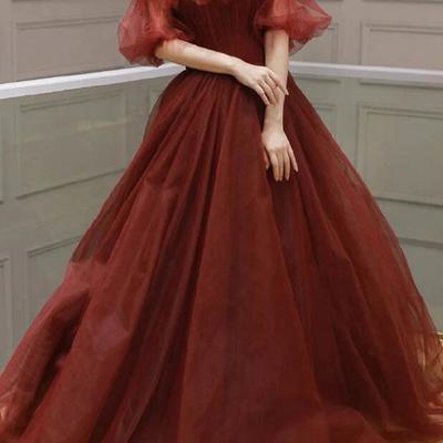 Off shoulder a line burgundy formal tulle long prom dress - Thumbnail 2