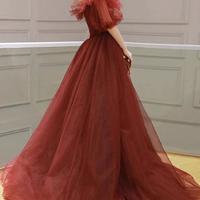 Off Shoulder A Line Burgundy Formal Tulle Long Prom Dress - Thumbnail 1