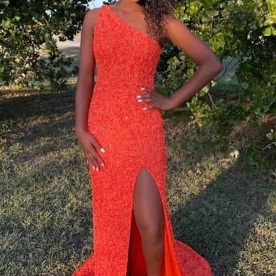 Mermaid one shoulder open back orange sequin long prom dress - Thumbnail 2