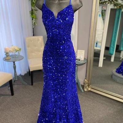 Mermaid royal blue sequin backless long prom dresses - Thumbnail 1