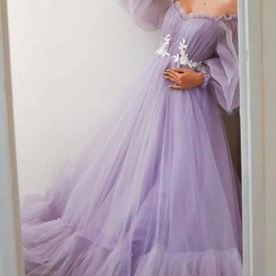 Off-the-shoulder a-line lavender long tulle prom dress - Thumbnail 3