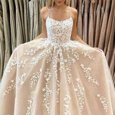 Spaghetti straps a-line tulle prom dresses appliqued - Thumbnail 1