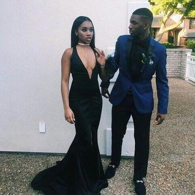 Mermaid deep v neck sleeveless prom dress with front split