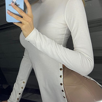Elegant White High Neck Split Long Sleeve Tight Top - Thumbnail 3