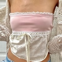 Off Shoulder Lace Trim Patchwork Top - Thumbnail 7