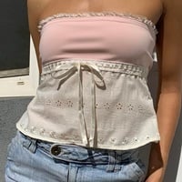 Off Shoulder Lace Trim Patchwork Top - Thumbnail 6