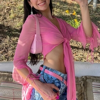 Pink Chiffon Bow Tie Flare Long Sleeve Blouse - Thumbnail 2