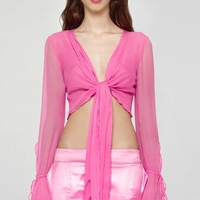Pink Chiffon Bow Tie Flare Long Sleeve Blouse - Thumbnail 4