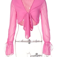 Pink Chiffon Bow Tie Flare Long Sleeve Blouse - Thumbnail 5
