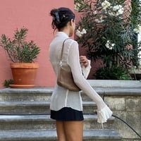 White Button Down Long Sleeve Flare Blouse - Thumbnail 1