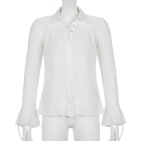White Button Down Long Sleeve Flare Blouse - Thumbnail 3