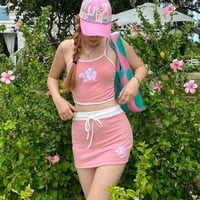 2PCS Pink Hibiscus Flower Camisole + Mini Skirt - Thumbnail 1