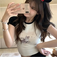 Cat Print Cropped Short Sleeve T-shirt  - Thumbnail 6