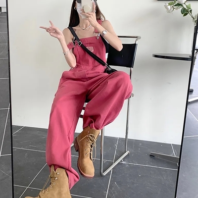 Pink denim overall pants 