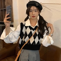 Black & White Lattice Sweater Vest - Thumbnail 2