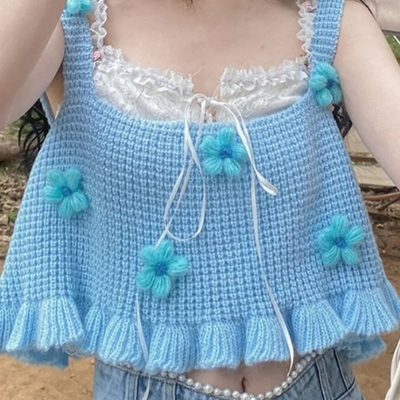 Blue floral knit vest tank top