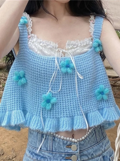 Blue Floral Knit Vest Tank Top