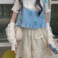 Blue Floral Knit Vest Tank Top - Thumbnail 1