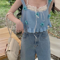 Blue Floral Knit Vest Tank Top - Thumbnail 3