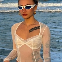 White Lace Trim Mesh Square Neck Long Sleeve Shirt - Thumbnail 1