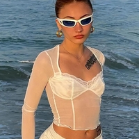 White Lace Trim Mesh Square Neck Long Sleeve Shirt - Thumbnail 2