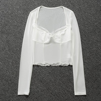 White Lace Trim Mesh Square Neck Long Sleeve Shirt - Thumbnail 6