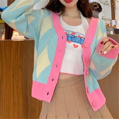 Pastel argyle v neck cardigan sweater - Thumbnail 3