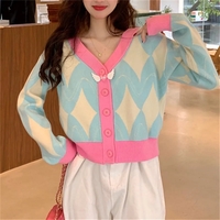 Pastel Argyle V Neck Cardigan Sweater - Thumbnail 4