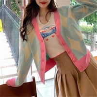 Pastel Argyle V Neck Cardigan Sweater - Thumbnail 5