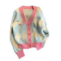 Pastel Argyle V Neck Cardigan Sweater - Thumbnail 8