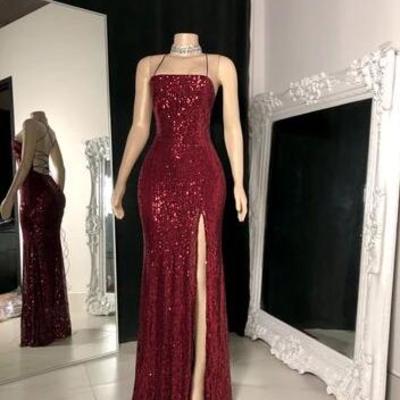 Floor length burgundy sequin long evening dresses - Thumbnail 2