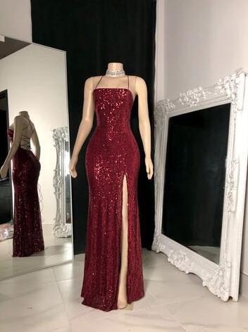 Floor Length Burgundy Sequin Long Evening Dresses