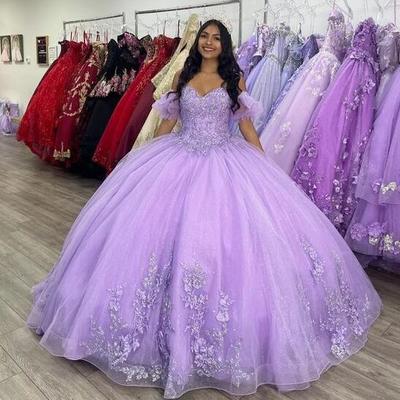 Princess off shoulder sparkly lavender ball gown lace appliques prom dresses - Thumbnail 2