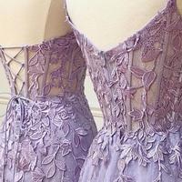 A Line Purple Tulle Lace Long Prom Dresses - Thumbnail 1