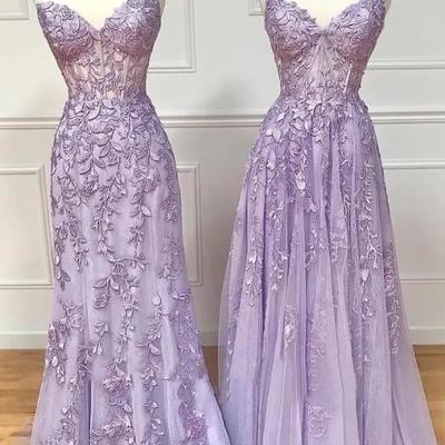 A line purple tulle lace long prom dresses - Thumbnail 2