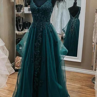 A line v neck open back dark green prom dresses with lace - Thumbnail 3