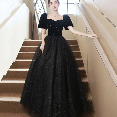 Black velvet tulle long prom dress, cute a-line short sleeve evening party dress - Thumbnail 1