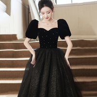 Black Velvet Tulle Long Prom Dress, Cute A-Line Short Sleeve Evening Party Dress - Thumbnail 1