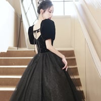 Black Velvet Tulle Long Prom Dress, Cute A-Line Short Sleeve Evening Party Dress - Thumbnail 2