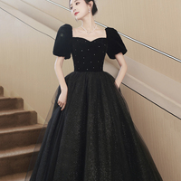 Black Velvet Tulle Long Prom Dress, Cute A-Line Short Sleeve Evening Party Dress - Thumbnail 3