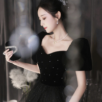 Black Velvet Tulle Long Prom Dress, Cute A-Line Short Sleeve Evening Party Dress - Thumbnail 4