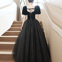 Black Velvet Tulle Long Prom Dress, Cute A-Line Short Sleeve Evening Party Dress - Thumbnail 5