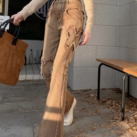 Street Fashion Cool Women Girl Retro Butterfly Brown High Waist Wide Leg Jeans - Thumbnail 2