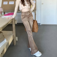 Street Fashion Cool Women Girl Retro Butterfly Brown High Waist Wide Leg Jeans - Thumbnail 3