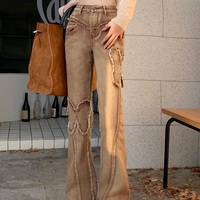 Street Fashion Cool Women Girl Retro Butterfly Brown High Waist Wide Leg Jeans - Thumbnail 4